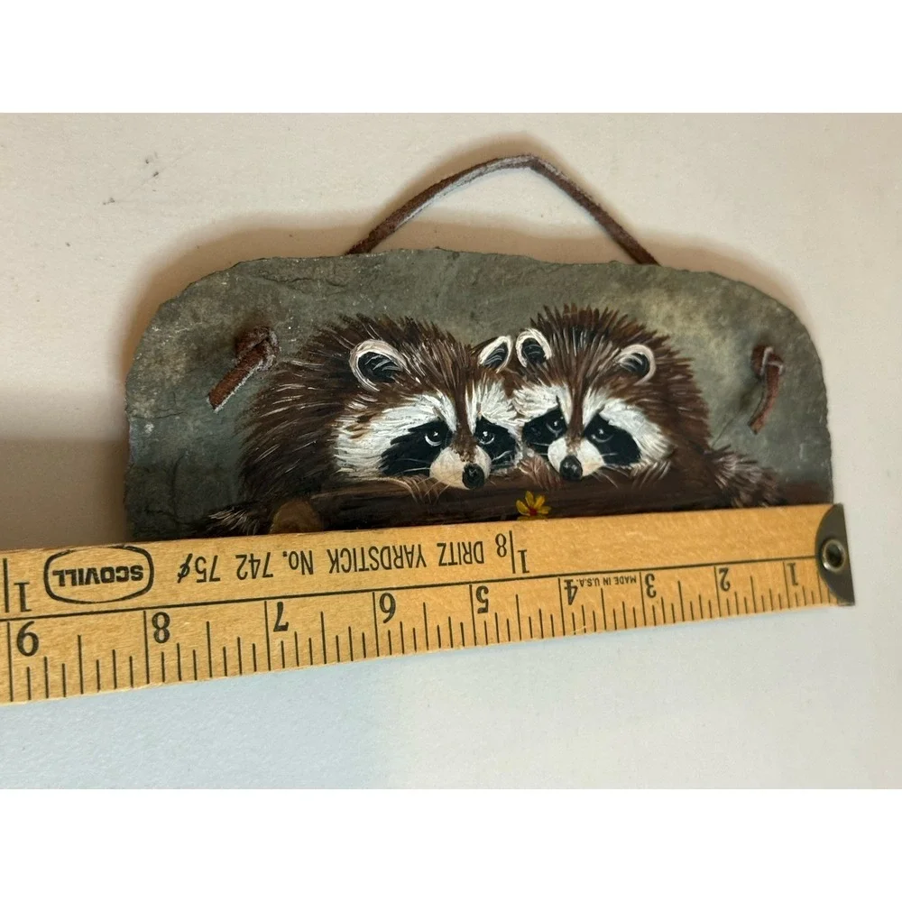 Vintage Mary Beth Alexander Raccoon Painted Slate Stone Wildlife Wall Art Plaque